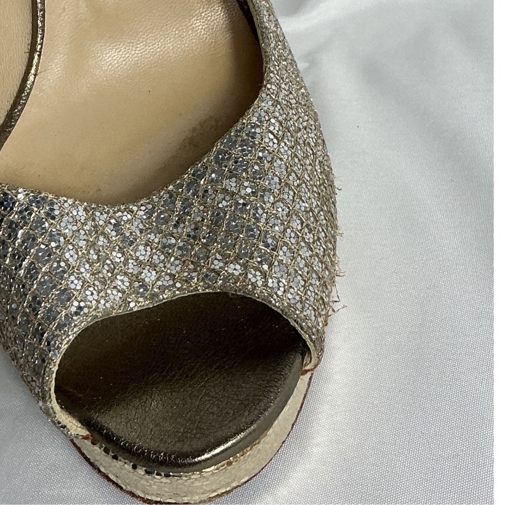 Jimmy Choo Champagne Gold Glitter Peep Toe Platform Pumps Heels Size 38 - Picture 11 of 11